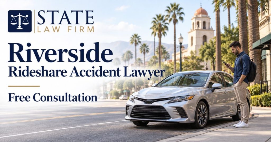 State Law Firm Riverside Rideshare Accident Lawyer illustration with a parked silver sedan and an adult checking a phone on the sidewalk