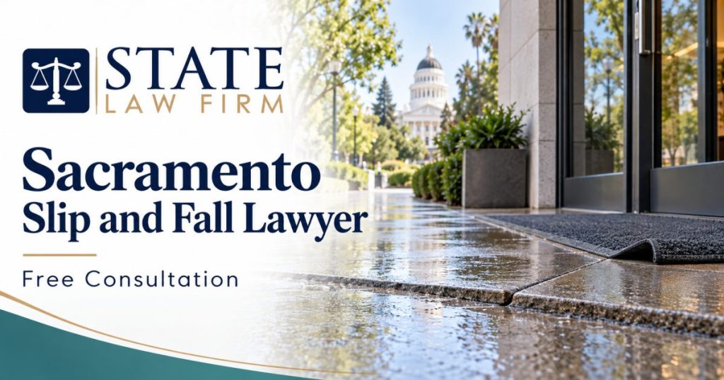 State Law Firm Sacramento Slip and Fall Lawyer illustration of a wet walkway, raised paving joint, and entrance mat with Sacramento-inspired architecture
