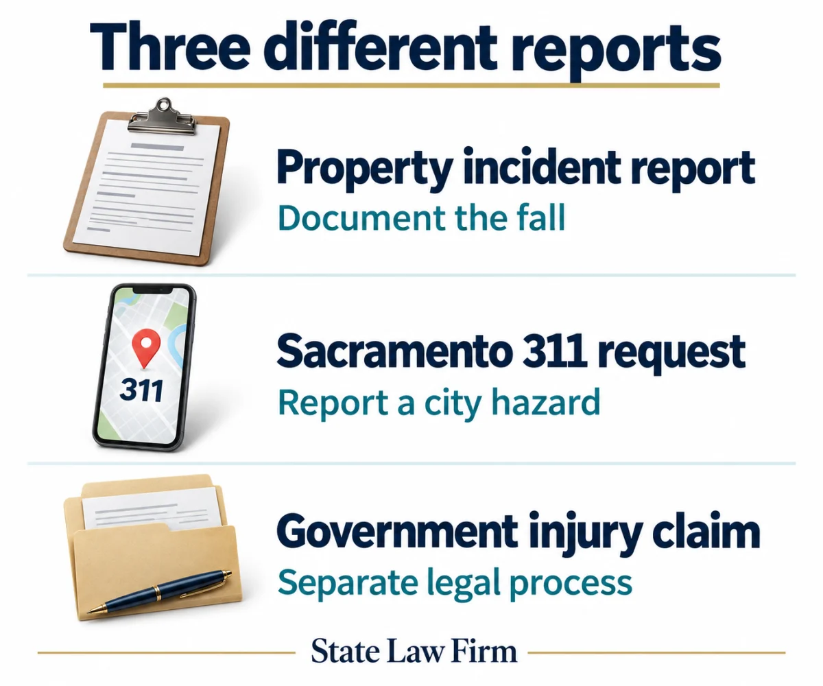 Sacramento Slip and Fall Lawyer 2 A property incident report documents the fall; Sacramento 311 reports a city hazard; a government injury claim is a separate legal process.