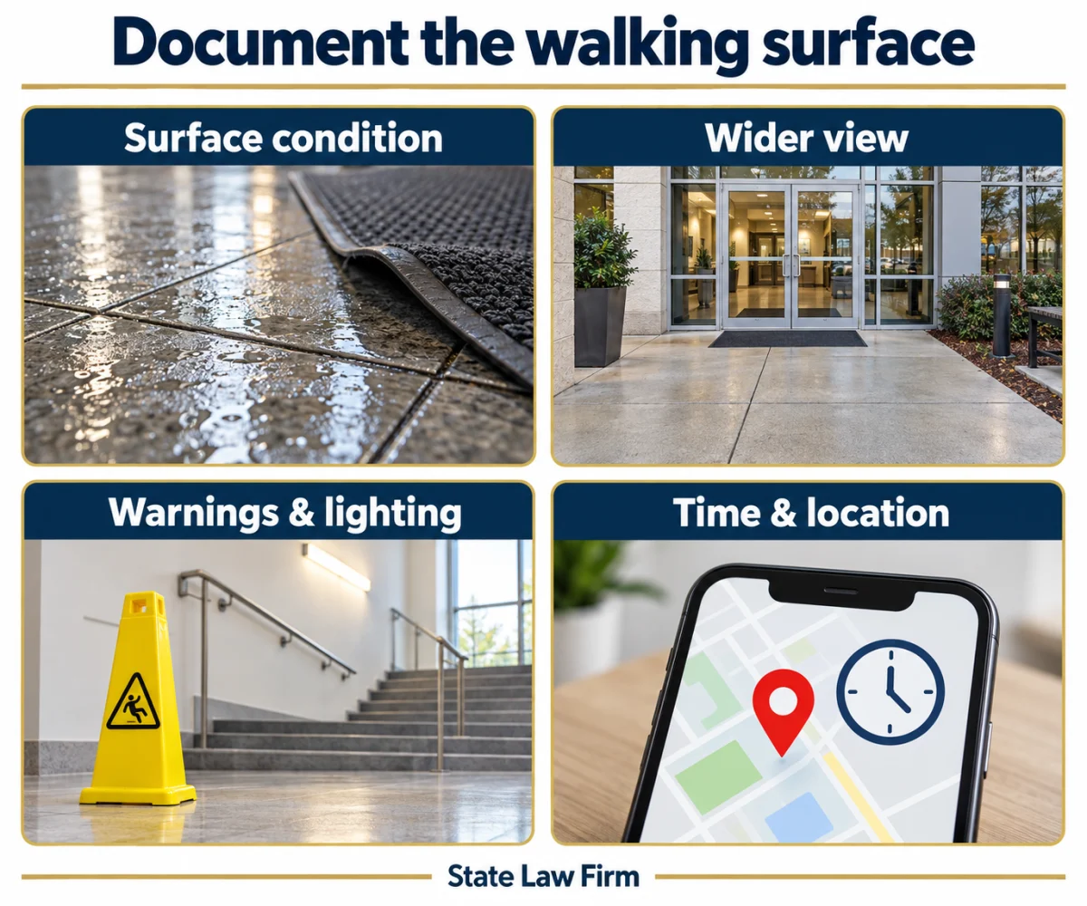 Sacramento Slip and Fall Lawyer 1 Document the surface condition, wider view, warnings and lighting, and the time and location after a fall when it is safe to do so.