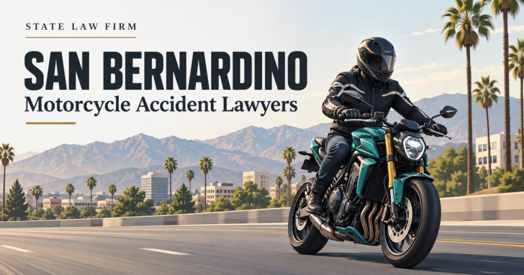State Law Firm San Bernardino Motorcycle Accident Lawyers illustration of a helmeted rider, city buildings and a distant mountain ridge
