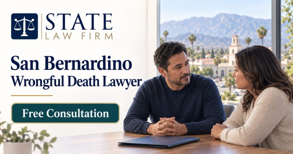 State Law Firm San Bernardino Wrongful Death Lawyer illustration of two adults talking at a table with a document folder and foothills beyond the window