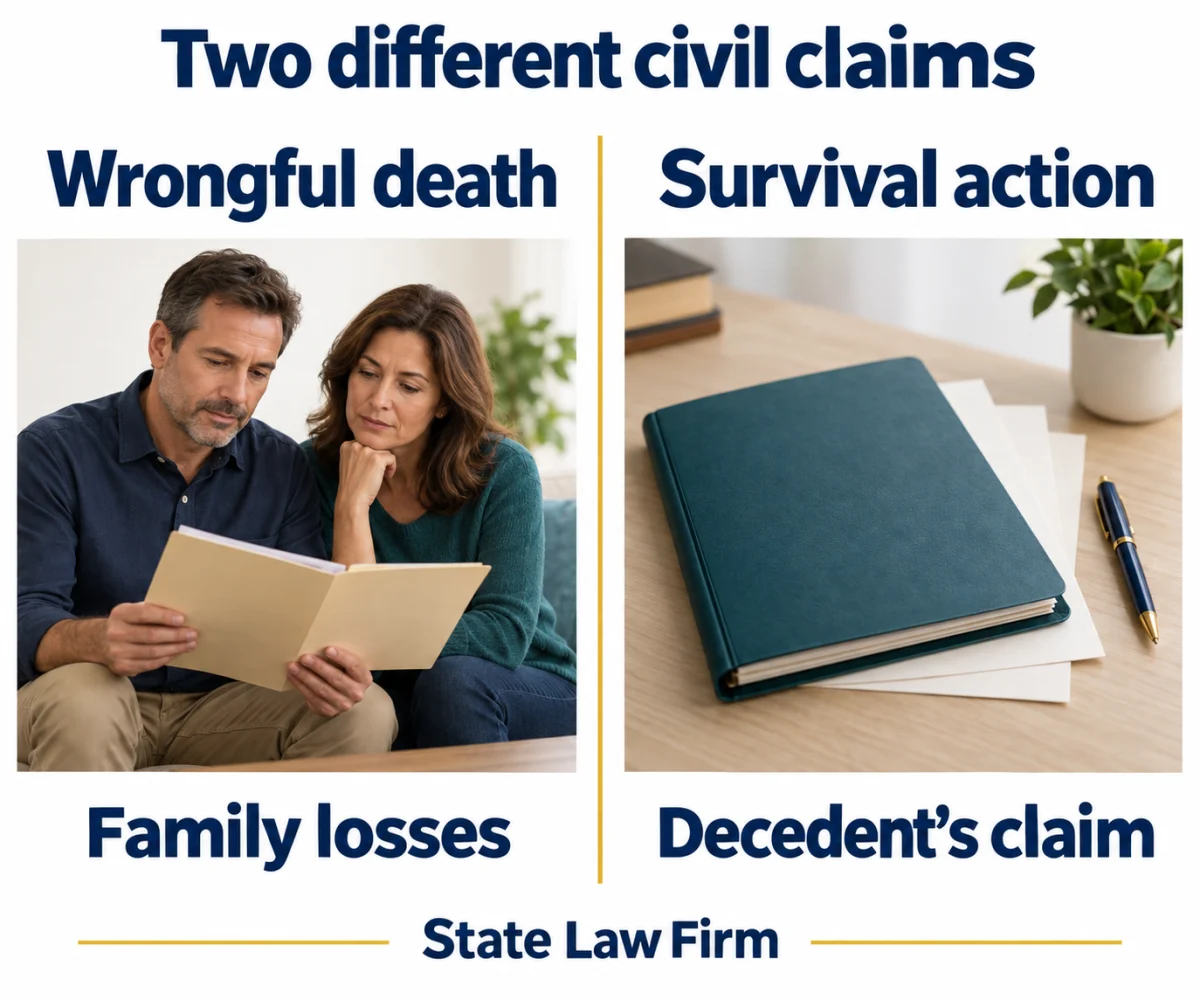 San Bernardino Wrongful Death Lawyer 1 Wrongful death concerns family losses; a survival action concerns the deceased person's own claim.
