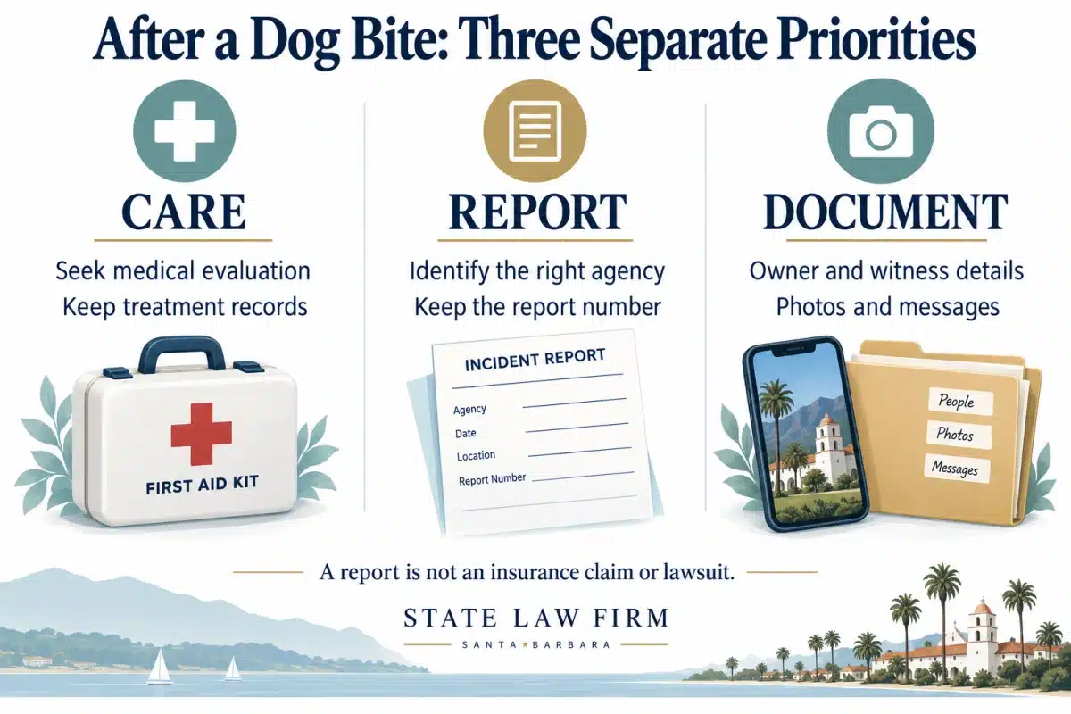 Santa Barbara Dog Bite Lawyer 1 After a dog bite: seek medical evaluation and keep care records; identify the reporting agency and report number; document owner and witness details, photos and messages.