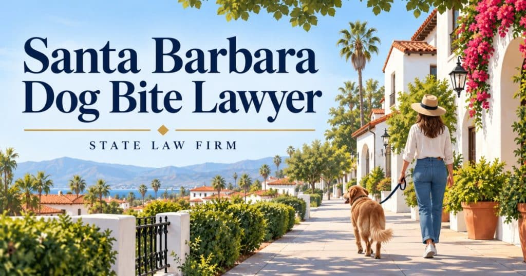 Santa Barbara Dog Bite Lawyer - State Law Firm. Editorial illustration; not an actual incident or office.