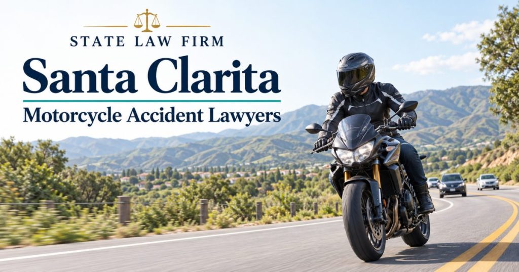 State Law Firm Santa Clarita Motorcycle Accident Lawyers illustration of a helmeted rider on a California road with foothills