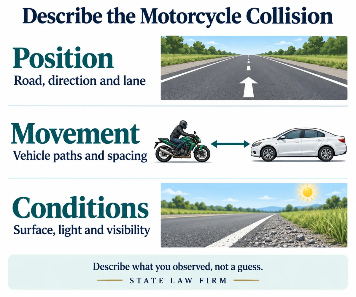 Santa Clarita Motorcycle Accident Lawyers 1 Motorcycle collision observations: road, direction and lane; vehicle paths and spacing; road surface, light and visibility.