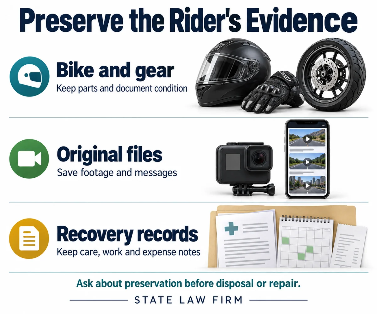 Santa Clarita Motorcycle Accident Lawyers 2 Motorcycle evidence categories: preserve bike and gear condition, original footage and messages, and care, work and expense records.