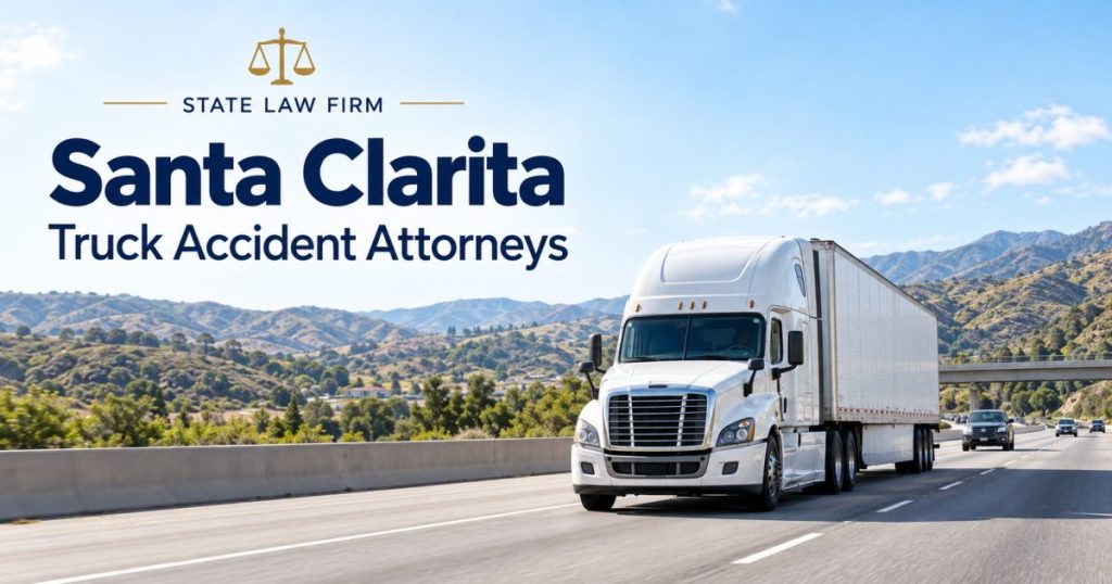 State Law Firm Santa Clarita Truck Accident Attorneys illustration of a tractor-trailer on a divided highway with foothills