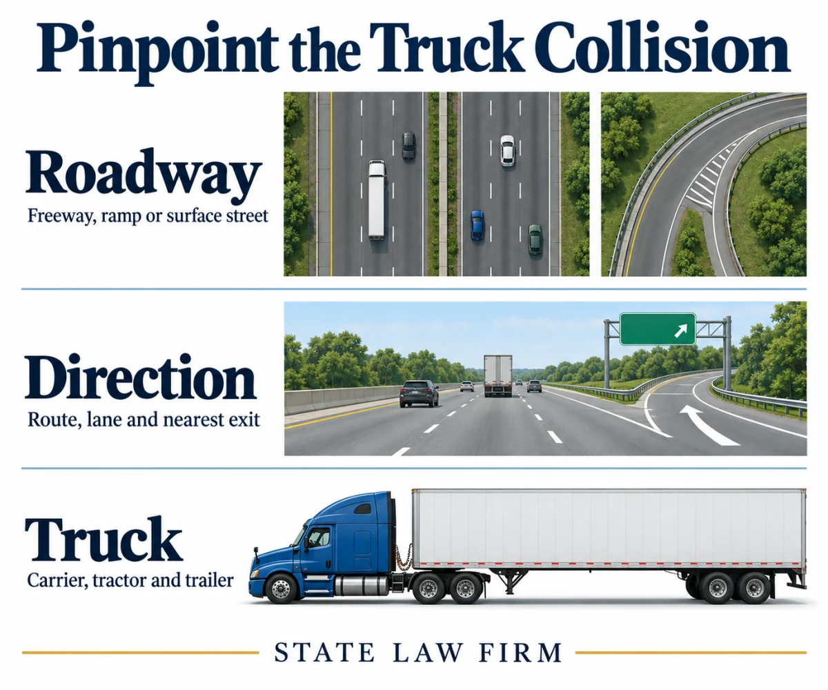 Santa Clarita Truck Accident Attorneys 1 Truck collision details to identify: roadway type, travel direction and nearest exit, and carrier, tractor, and trailer information.
