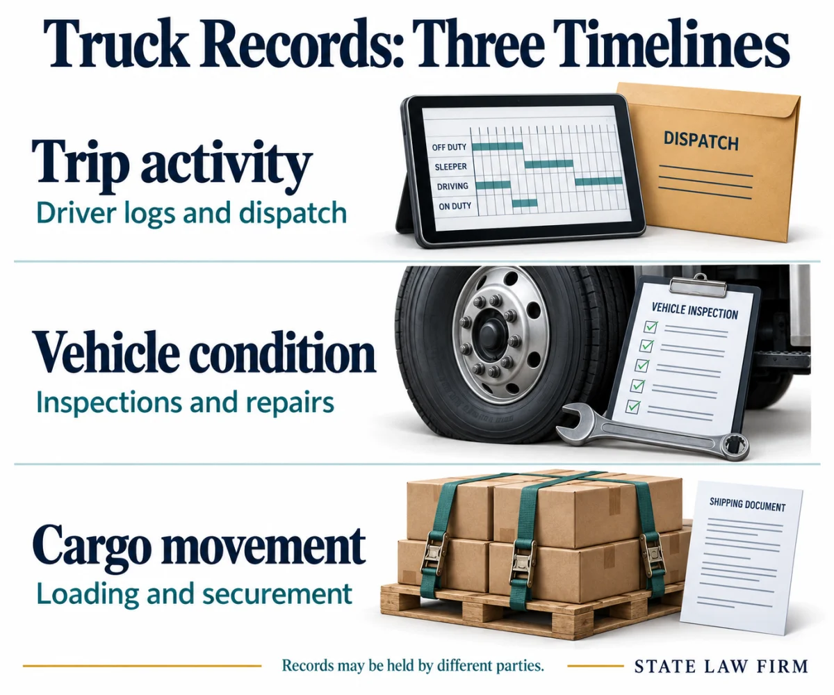 Santa Clarita Truck Accident Attorneys 2 Three truck record timelines: trip activity uses driver logs and dispatch, vehicle condition uses inspections and repairs, and cargo movement uses loading and securement information.