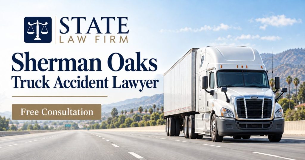 State Law Firm Sherman Oaks Truck Accident Lawyer illustration of a white tractor-trailer on a San Fernando Valley-inspired freeway