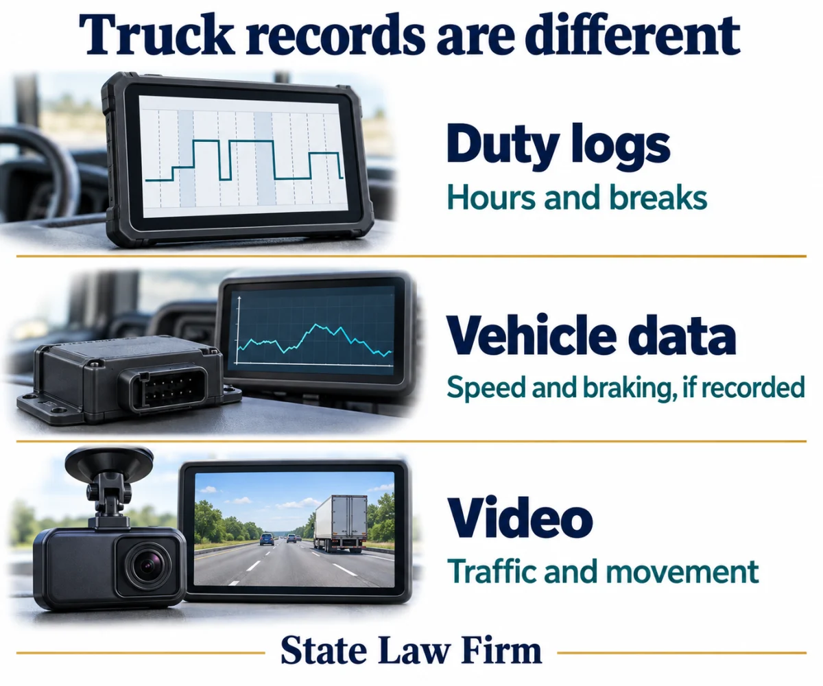 Sherman Oaks Truck Accident Lawyer 2 Truck duty logs concern hours and breaks; vehicle data may contain speed and braking if recorded; video may show traffic and movement.