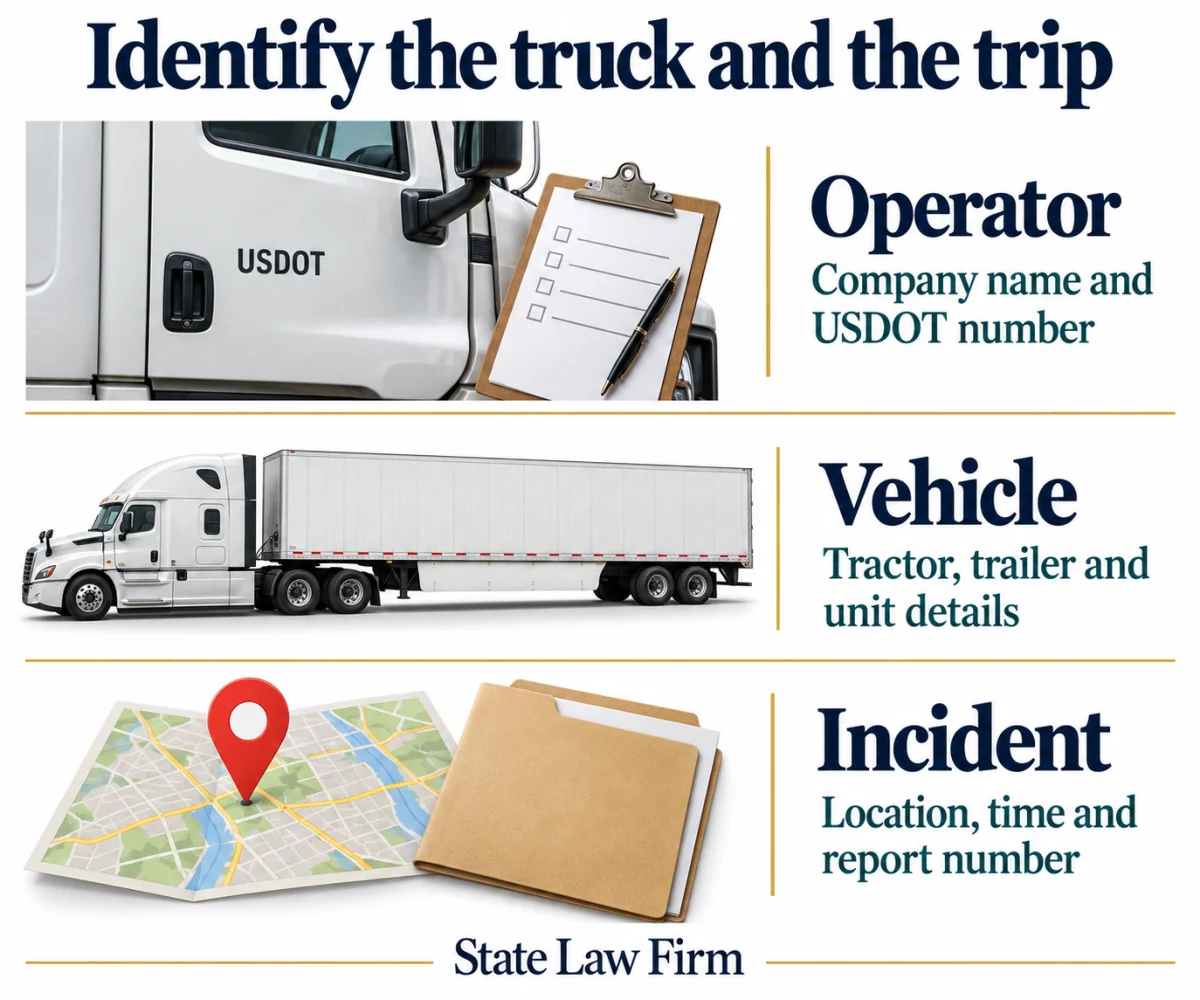 Sherman Oaks Truck Accident Lawyer 1 Truck claim identifiers: operator and USDOT number, tractor and trailer details, and the incident location, time, and report number.