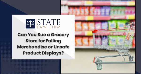 Shopping cart with text about suing grocery store for falling merchandise