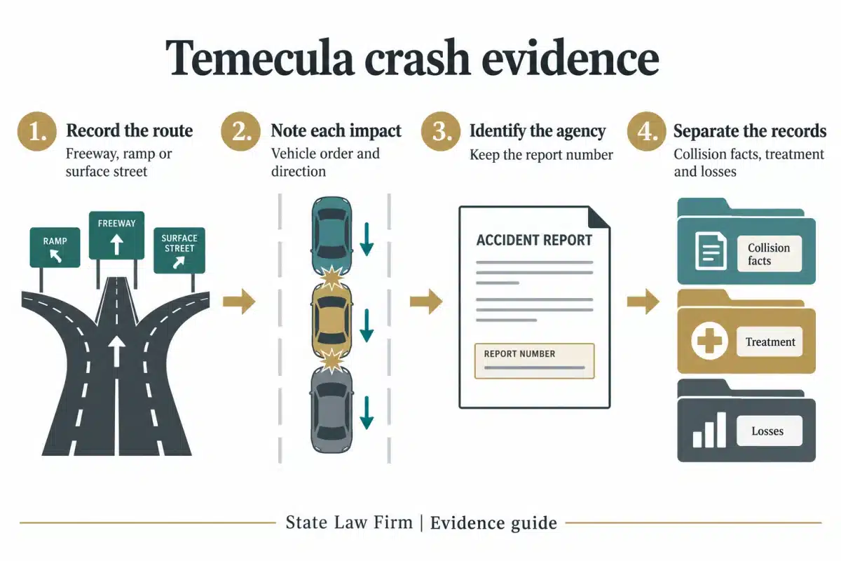 Temecula evidence guide: identify the freeway, ramp or surface street, record each impact, keep the agency report number, and separate collision and loss records.