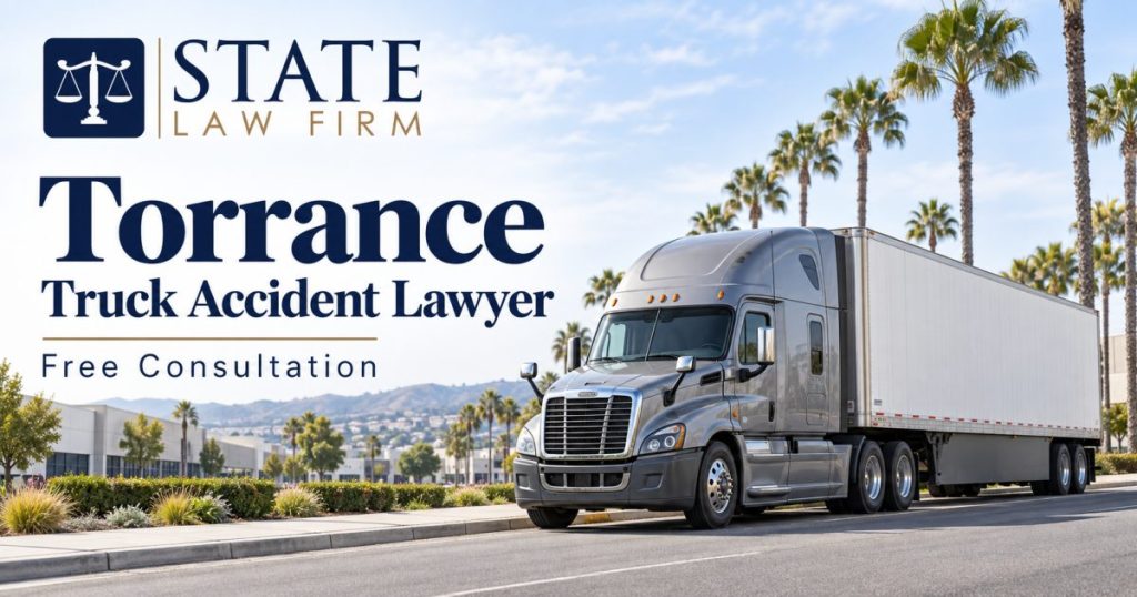 State Law Firm Torrance Truck Accident Lawyer illustration with a silver tractor-trailer on a palm-lined commercial street