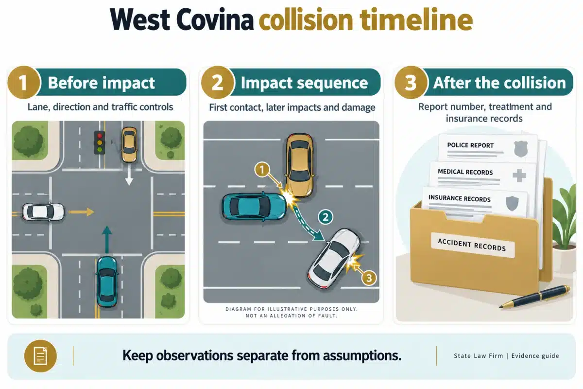 West Covina collision timeline: document conditions before impact, distinguish first and later impacts, and preserve reports, treatment and insurance records.
