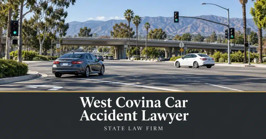 West Covina Car Accident Lawyer 2 West Covina Car Accident Lawyer - State Law Firm. Editorial illustration, not an actual road, incident or office.