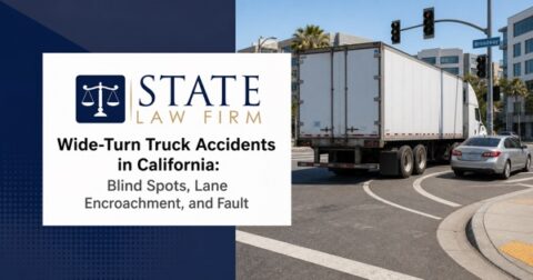 Wide-turn commercial truck at a California intersection with a nearby passenger car