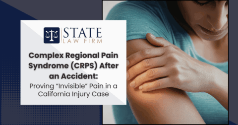 Woman holding her arm with words complex regional pain