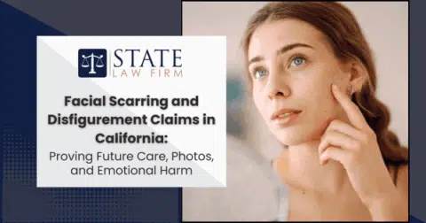 Woman looking at her reflection with 'State Law Firm