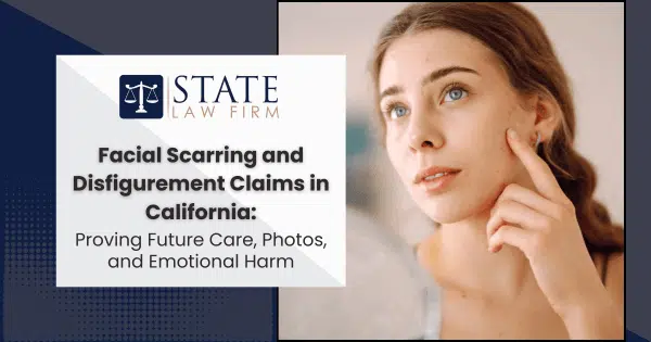 Woman looking at her reflection with 'State Law Firm