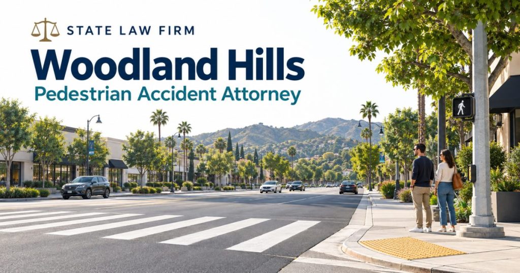 State Law Firm Woodland Hills Pedestrian Accident Attorney illustration of a tree-lined Valley-style commercial sidewalk